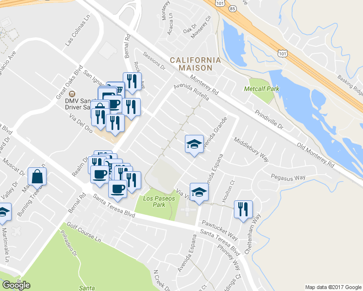 map of restaurants, bars, coffee shops, grocery stores, and more near 7147 Vía Maria in San Jose