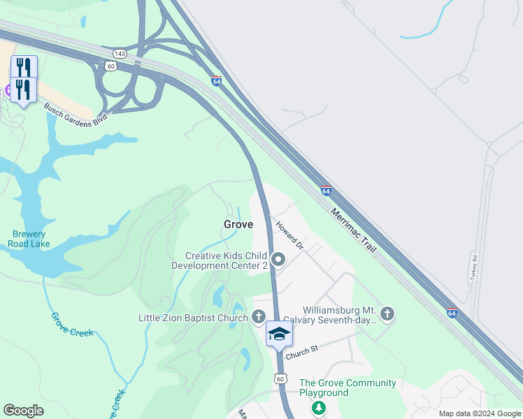 map of restaurants, bars, coffee shops, grocery stores, and more near 8539 Pocahontas Trail in Williamsburg