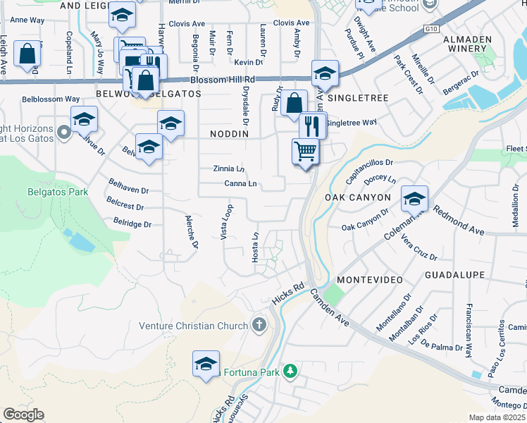 map of restaurants, bars, coffee shops, grocery stores, and more near 1634 Ixias Court in San Jose