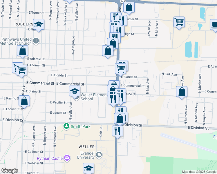 map of restaurants, bars, coffee shops, grocery stores, and more near 1716 East Commercial Street in Springfield