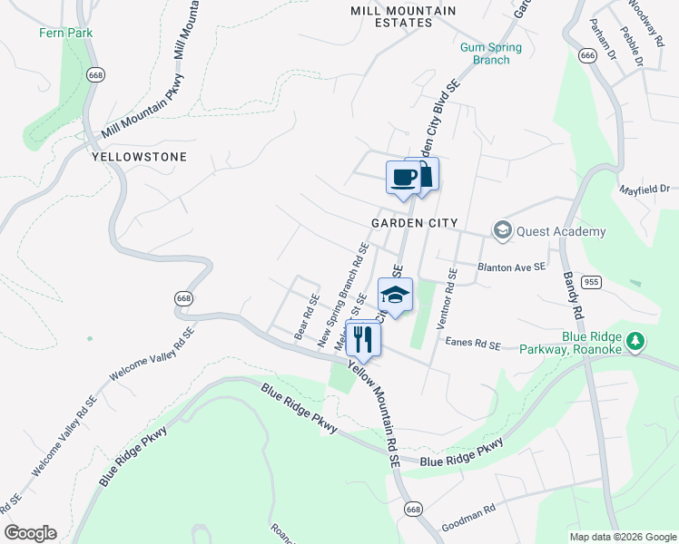 map of restaurants, bars, coffee shops, grocery stores, and more near 3601 New Spring Branch Rd SE in Roanoke