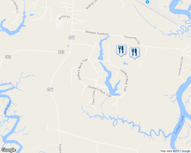 map of restaurants, bars, coffee shops, grocery stores, and more near 2421 Burnwether Lane in Williamsburg