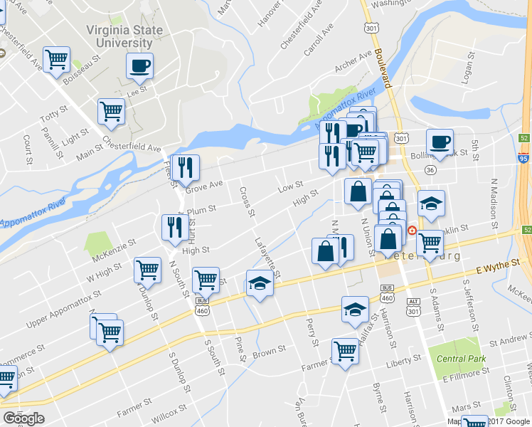 map of restaurants, bars, coffee shops, grocery stores, and more near 405 High Street in Petersburg