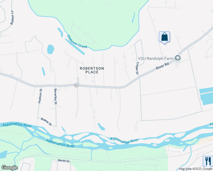 map of restaurants, bars, coffee shops, grocery stores, and more near 21525 Warren Avenue in Petersburg