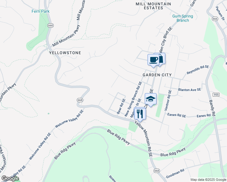 map of restaurants, bars, coffee shops, grocery stores, and more near 3601 Springvale Street Southeast in Roanoke
