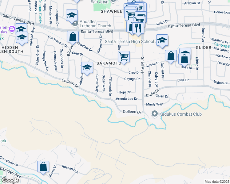 map of restaurants, bars, coffee shops, grocery stores, and more near 6234 Hopi Circle in San Jose