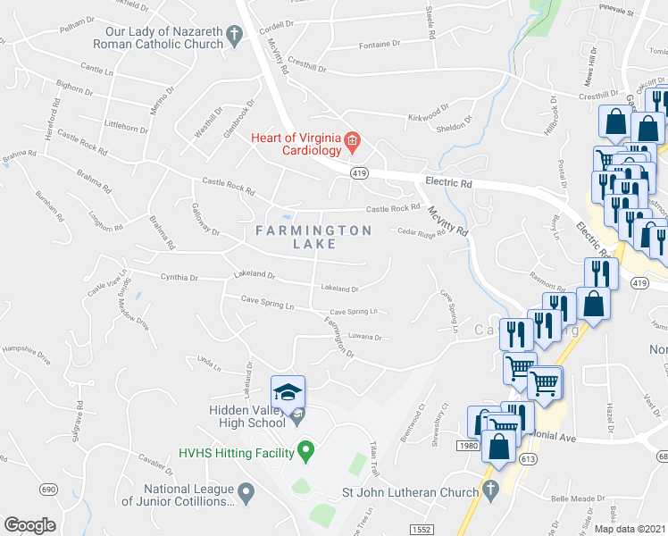 map of restaurants, bars, coffee shops, grocery stores, and more near 5234 Green Meadow Road in Cave Spring