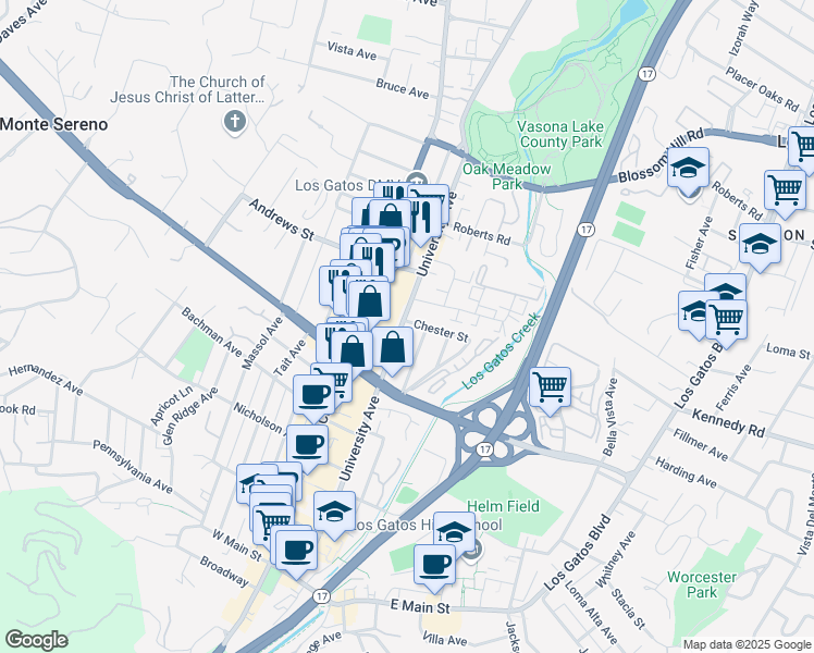 map of restaurants, bars, coffee shops, grocery stores, and more near 466 University Avenue in Los Gatos
