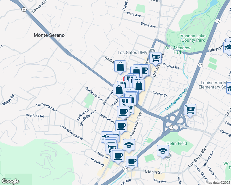 map of restaurants, bars, coffee shops, grocery stores, and more near 275 Saratoga-Los Gatos Road in Los Gatos