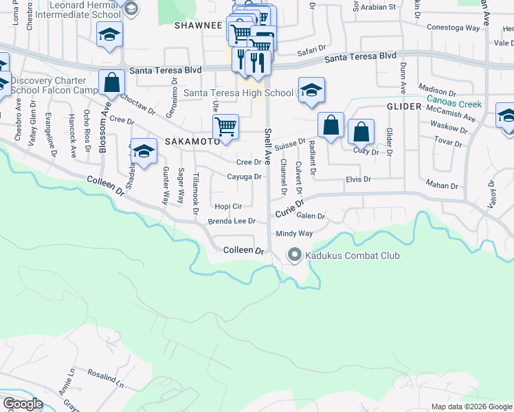 map of restaurants, bars, coffee shops, grocery stores, and more near 6268 Hopi Circle in San Jose