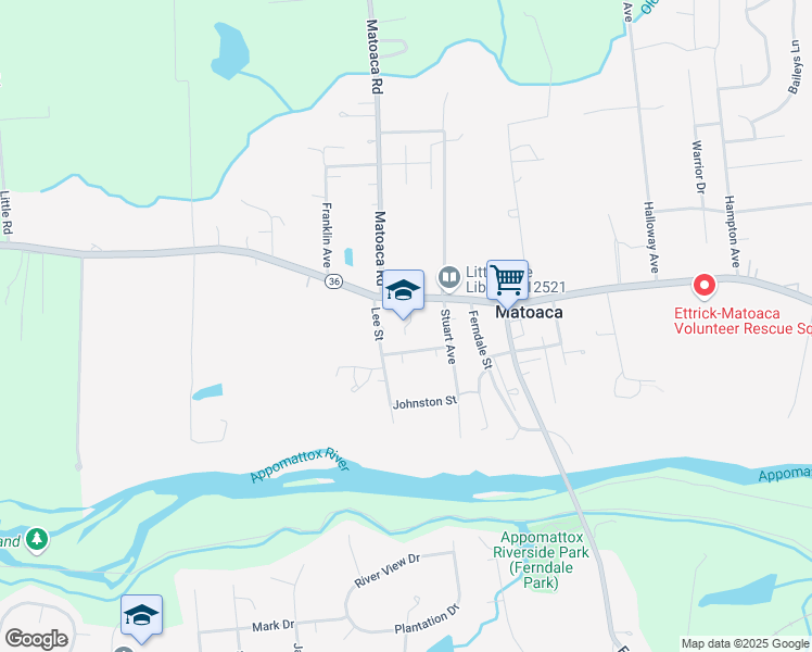 map of restaurants, bars, coffee shops, grocery stores, and more near 6627 River Road in Petersburg