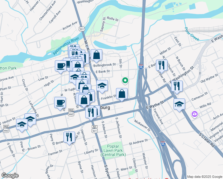map of restaurants, bars, coffee shops, grocery stores, and more near in Petersburg