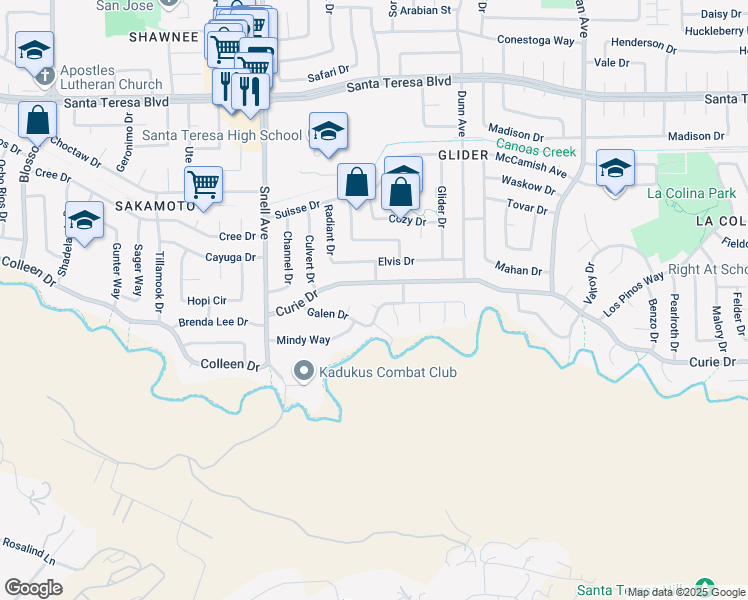 map of restaurants, bars, coffee shops, grocery stores, and more near 533 Galen Drive in San Jose
