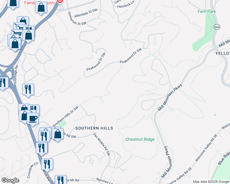 map of restaurants, bars, coffee shops, grocery stores, and more near 3593 Peakwood Drive Southwest in Roanoke