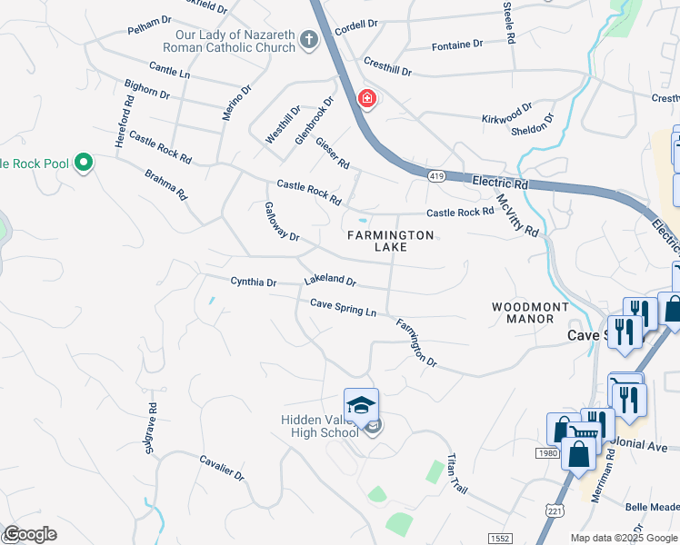 map of restaurants, bars, coffee shops, grocery stores, and more near 5425 Lakeland Drive in Cave Spring