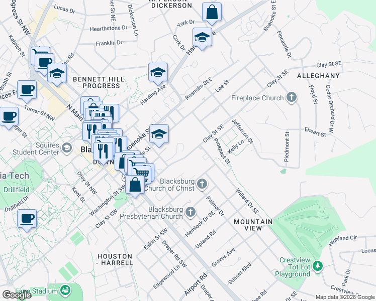 map of restaurants, bars, coffee shops, grocery stores, and more near 403 Clay Street Southeast in Blacksburg