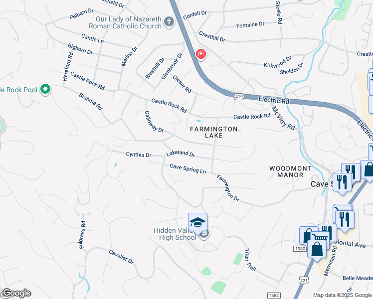 map of restaurants, bars, coffee shops, grocery stores, and more near 5425 Lakeland Drive in Cave Spring