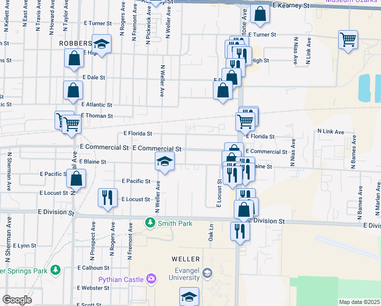 map of restaurants, bars, coffee shops, grocery stores, and more near 1608 East Commercial Street in Springfield