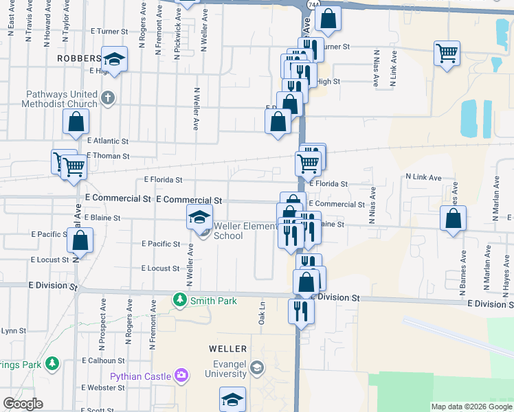 map of restaurants, bars, coffee shops, grocery stores, and more near 1650 East Commercial Street in Springfield