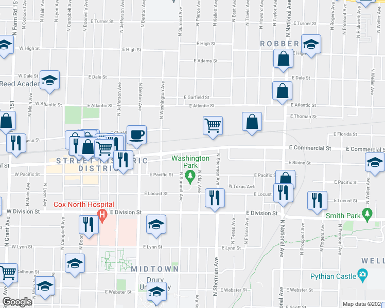map of restaurants, bars, coffee shops, grocery stores, and more near 720 East Commercial Street in Springfield