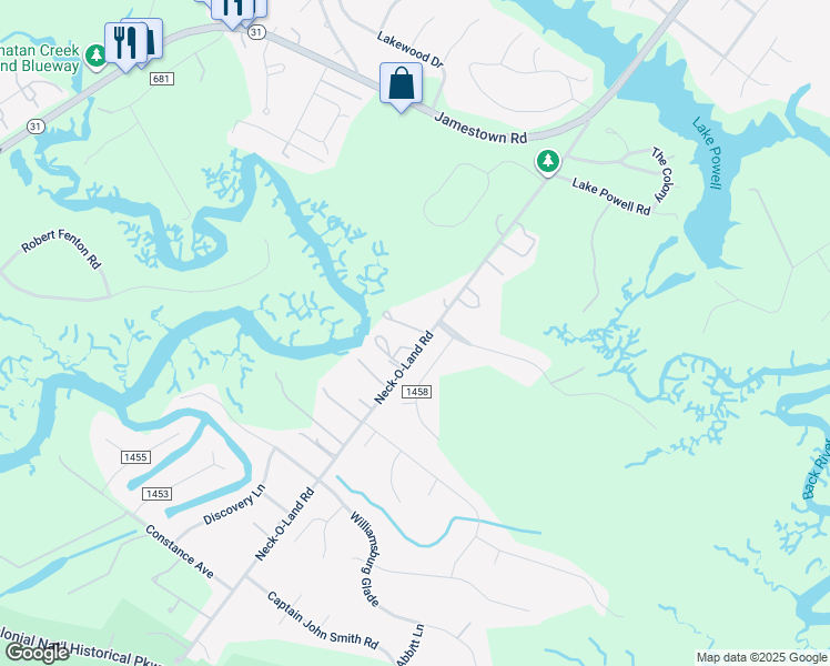 map of restaurants, bars, coffee shops, grocery stores, and more near 281 Neck-O-Land Road in Williamsburg