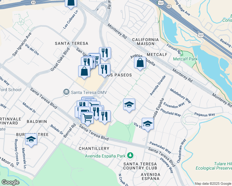 map of restaurants, bars, coffee shops, grocery stores, and more near 7045 Vía Barranca in San Jose