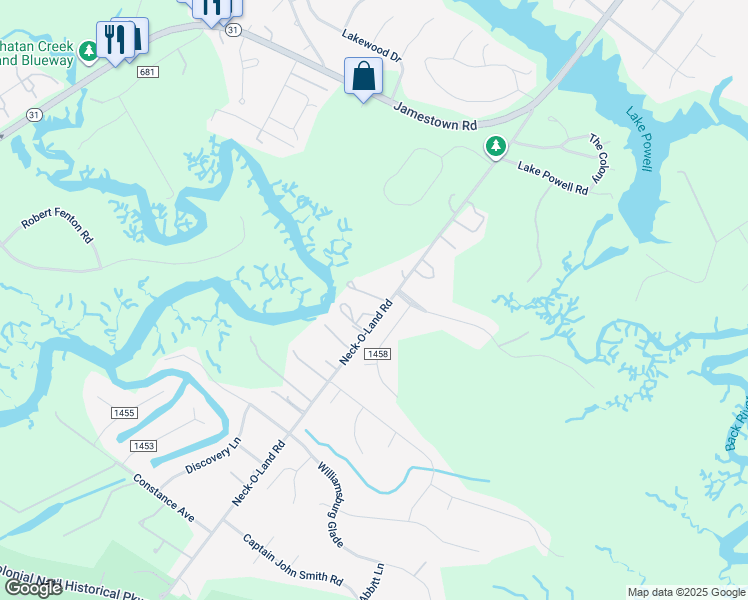 map of restaurants, bars, coffee shops, grocery stores, and more near 281 Neck-O-Land Rd in Williamsburg