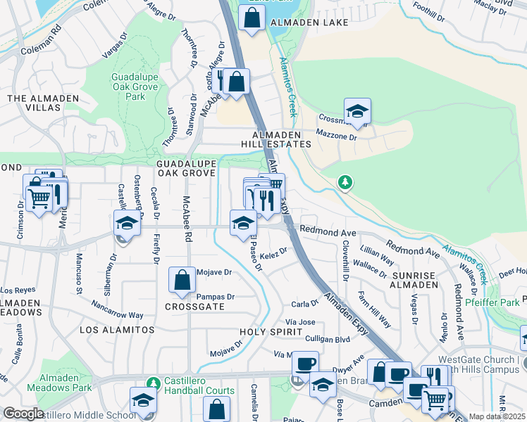 map of restaurants, bars, coffee shops, grocery stores, and more near 1161 Redmond Avenue in San Jose