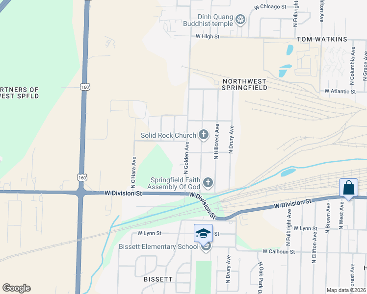 map of restaurants, bars, coffee shops, grocery stores, and more near 1713 North Golden Avenue in Springfield