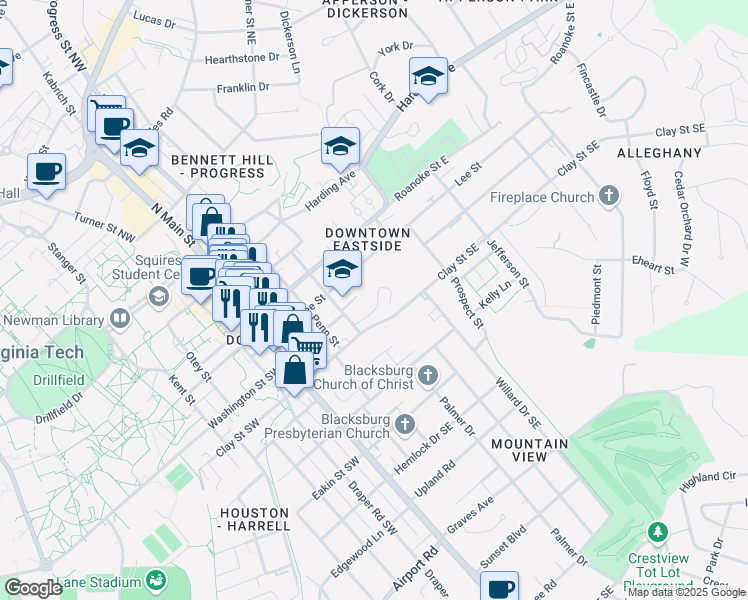 map of restaurants, bars, coffee shops, grocery stores, and more near 403 Berryfield Lane in Blacksburg