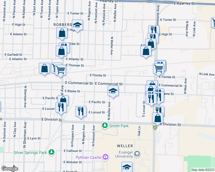 map of restaurants, bars, coffee shops, grocery stores, and more near 1456 East Commercial Street in Springfield