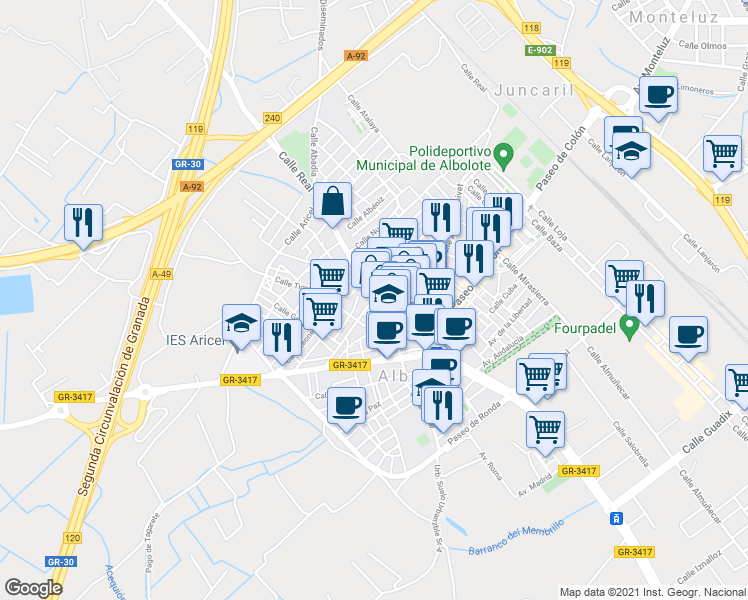 map of restaurants, bars, coffee shops, grocery stores, and more near 2 Calle Granada in Albolote