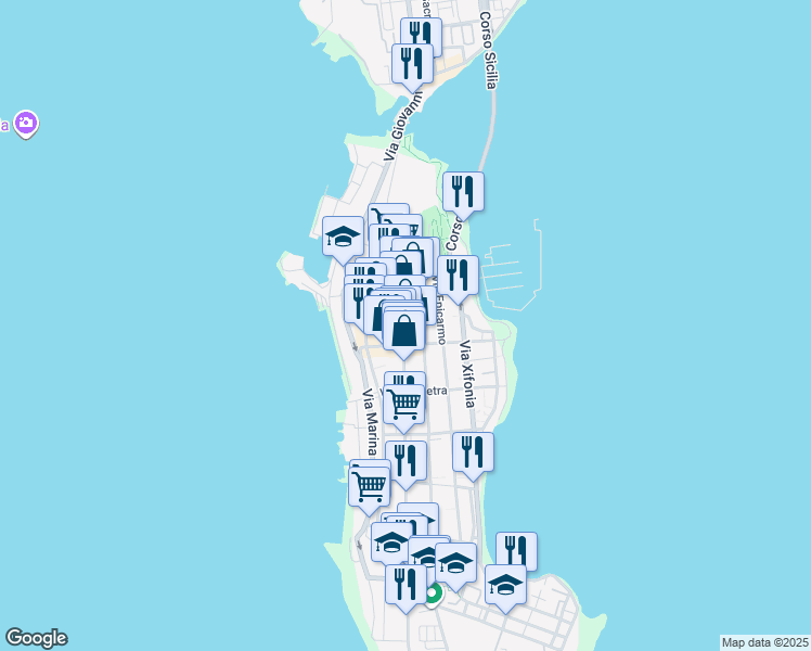 map of restaurants, bars, coffee shops, grocery stores, and more near 126 Via Principe Umberto in Augusta
