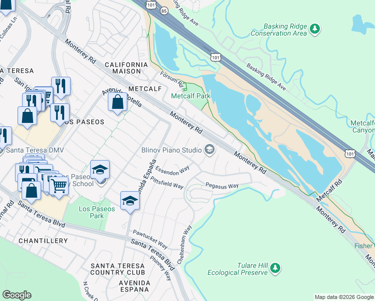 map of restaurants, bars, coffee shops, grocery stores, and more near 44 Kittery Court in San Jose