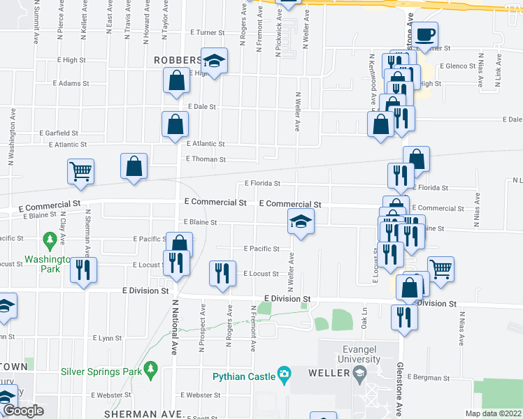 map of restaurants, bars, coffee shops, grocery stores, and more near 1408 E Commercial St in Springfield