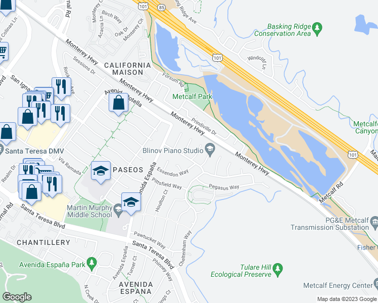 map of restaurants, bars, coffee shops, grocery stores, and more near 44 Kittery Court in San Jose