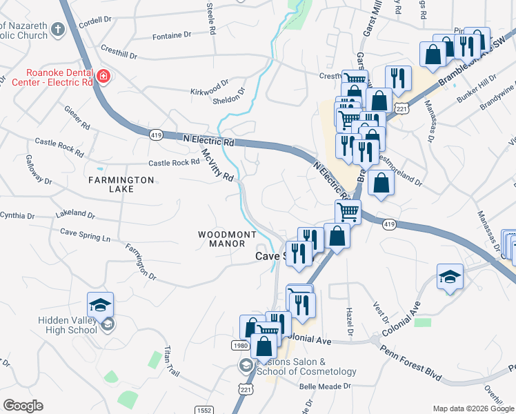 map of restaurants, bars, coffee shops, grocery stores, and more near 3259 Rasmont Rd in Roanoke