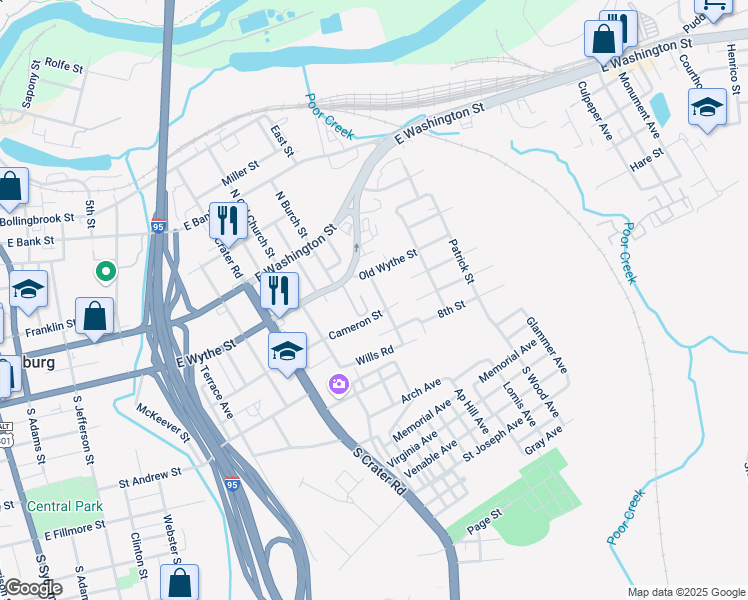 map of restaurants, bars, coffee shops, grocery stores, and more near 124 Center Street in Petersburg