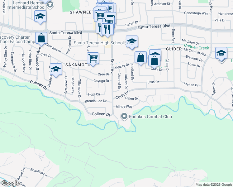 map of restaurants, bars, coffee shops, grocery stores, and more near 6326 Channel Dr in San Jose