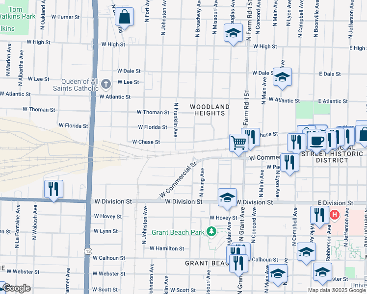 map of restaurants, bars, coffee shops, grocery stores, and more near 1821 North Broadway Avenue in Springfield