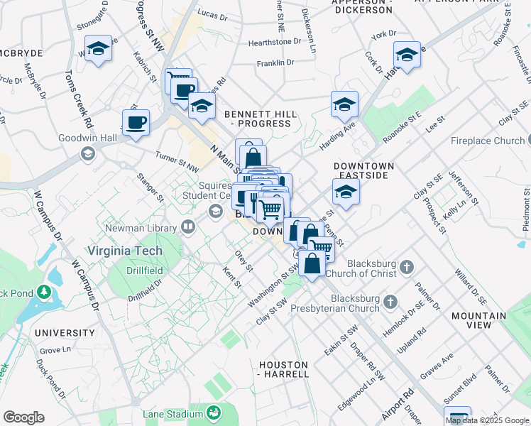 map of restaurants, bars, coffee shops, grocery stores, and more near 205 N Main St in Blacksburg