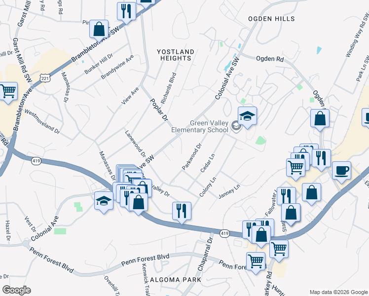 map of restaurants, bars, coffee shops, grocery stores, and more near 3640 Colonial Court Drive in Cave Spring