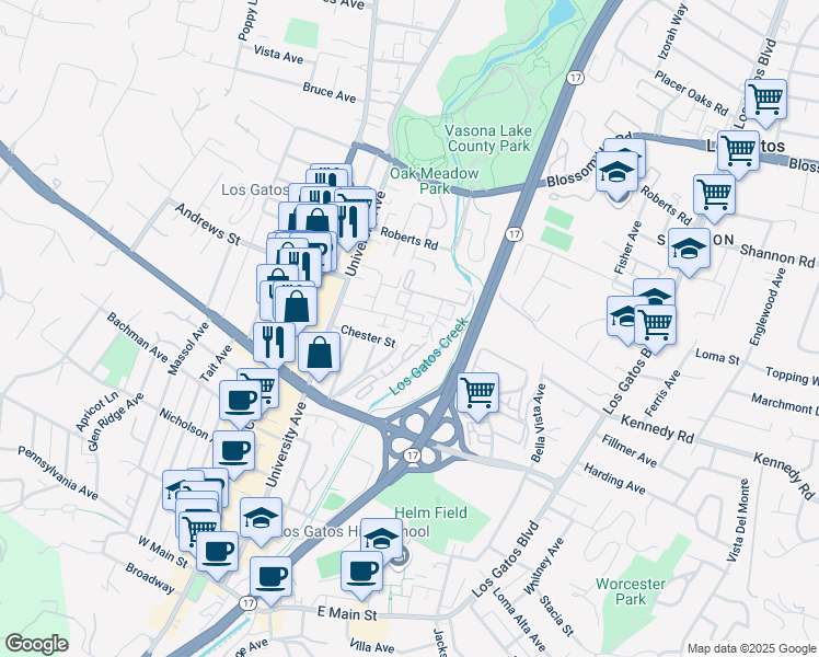 map of restaurants, bars, coffee shops, grocery stores, and more near 160 Towne Terrace in Los Gatos