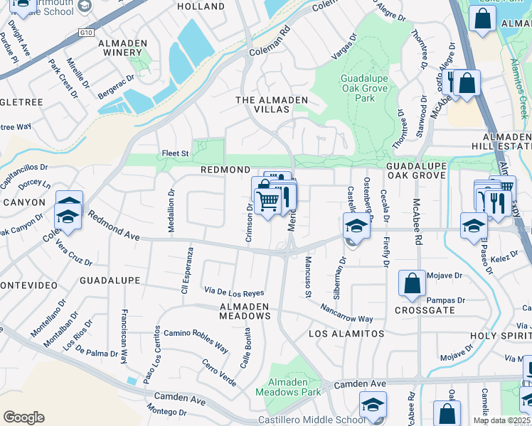 map of restaurants, bars, coffee shops, grocery stores, and more near 6065 Meridian Avenue in San Jose