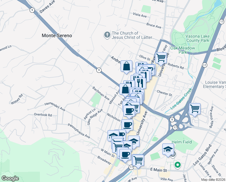 map of restaurants, bars, coffee shops, grocery stores, and more near 347 Massol Avenue in Los Gatos