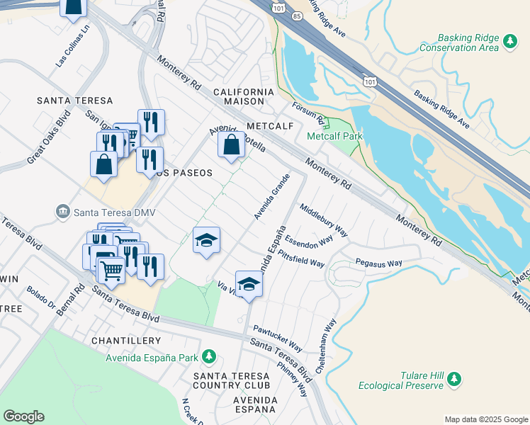 map of restaurants, bars, coffee shops, grocery stores, and more near 7203 Vía Carmela in San Jose