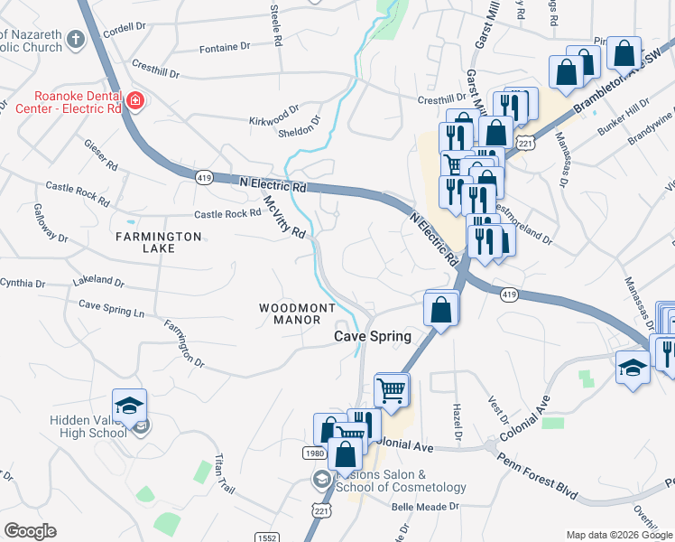 map of restaurants, bars, coffee shops, grocery stores, and more near 3259 Rasmont Rd in Roanoke