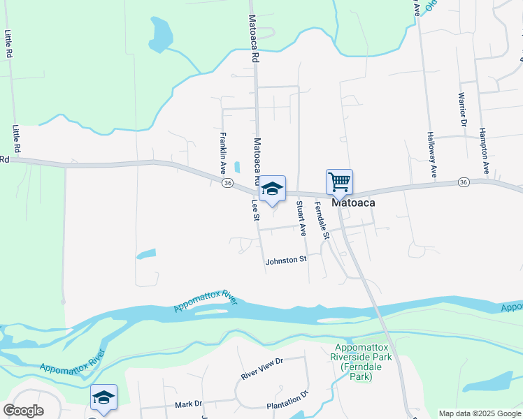 map of restaurants, bars, coffee shops, grocery stores, and more near 6627 River Road in Petersburg