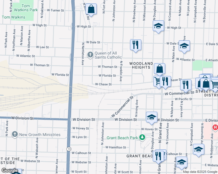map of restaurants, bars, coffee shops, grocery stores, and more near 1206 West Chase Street in Springfield