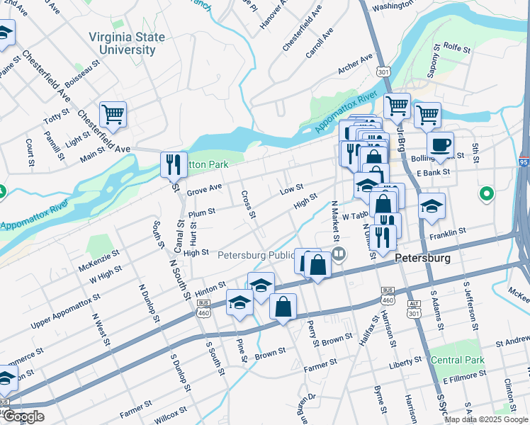 map of restaurants, bars, coffee shops, grocery stores, and more near 405 High Street in Petersburg